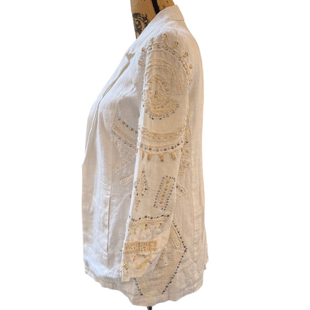 Chico's NWT White Linen Blazer Jacket Embroidered Boho 3/4 Sleeve Size 00 XS - Picture 2 of 5